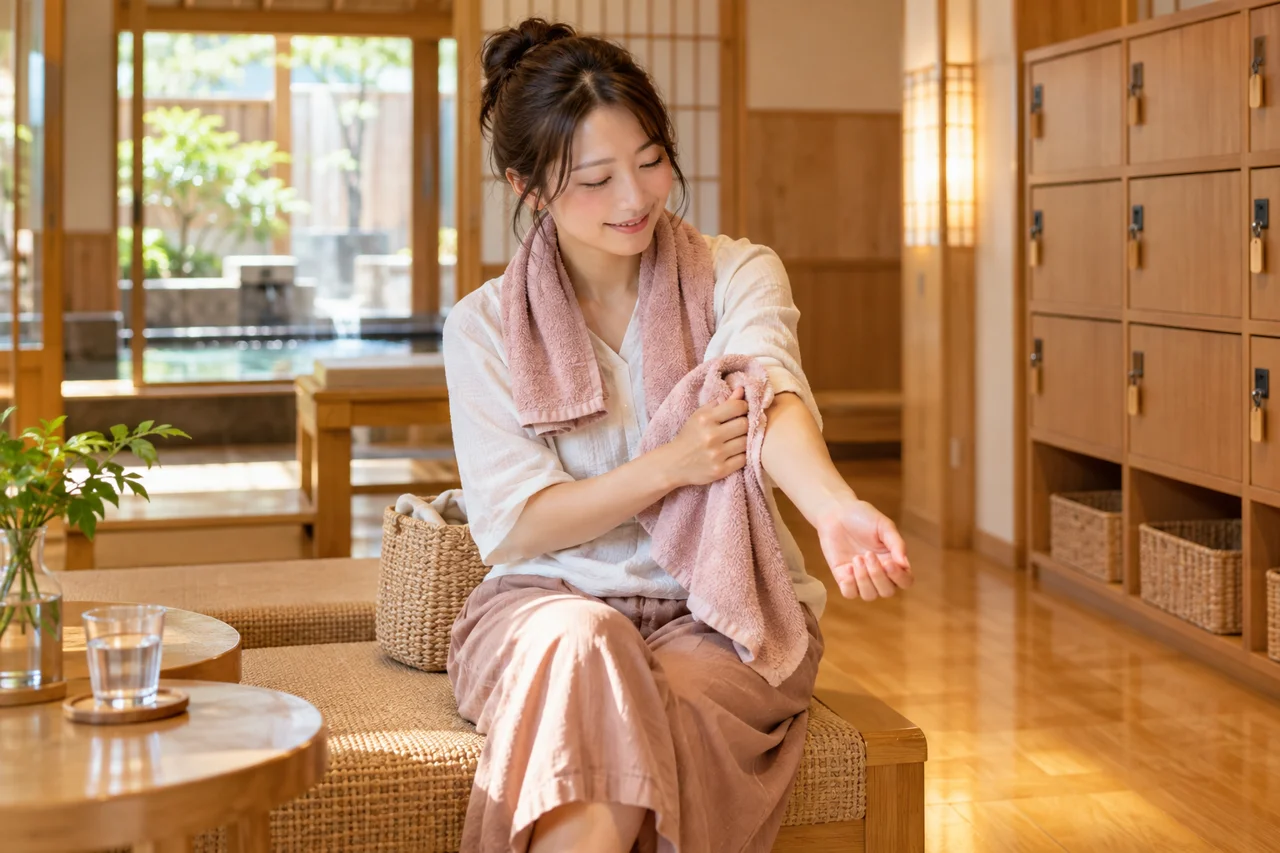 脱衣所で水気を拭く