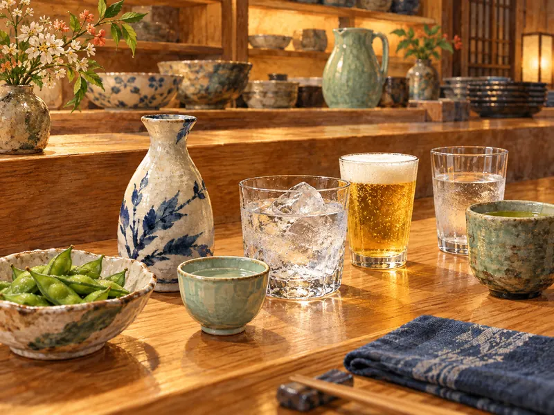 温かな木のカウンターに、日本酒、氷入りの焼酎、小さなビール、お茶と水が並ぶ様子。