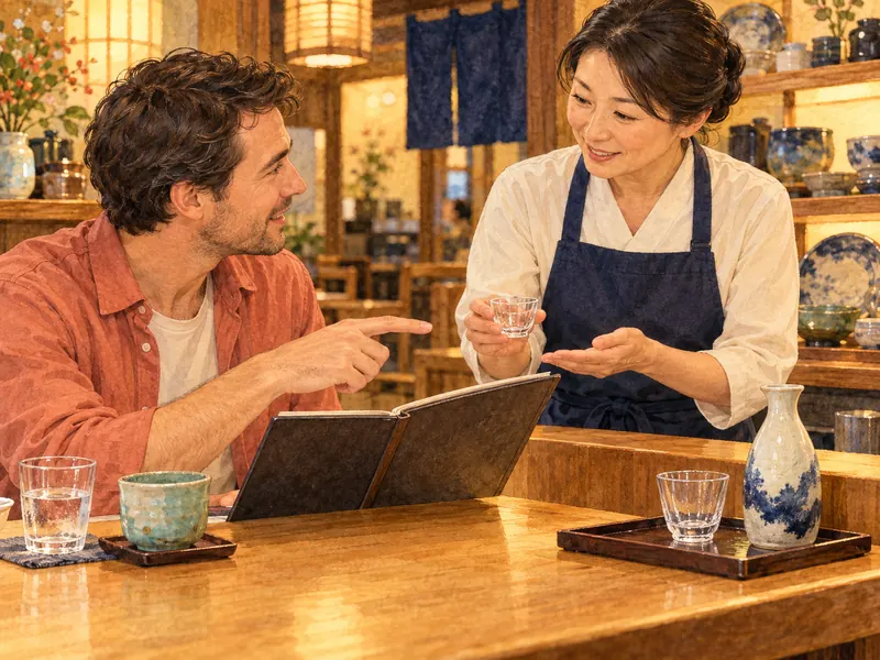 日本の飲食店のカウンターで、大人の客が小さな日本酒のグラスと徳利を見比べ、店員に注文前の確認をしている様子。