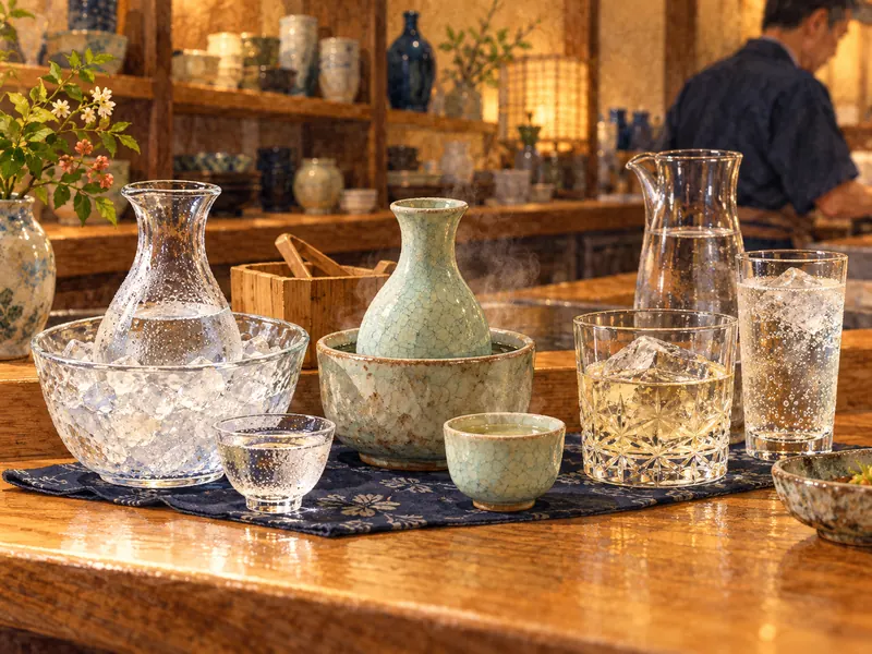 お店の飲み物台に、冷酒と温かい日本酒、氷入りやソーダ割りの焼酎、水が用意され、温度と割り方の違いが伝わる様子。