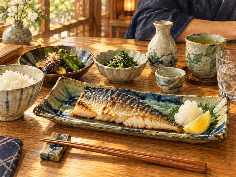 手仕事の器に盛った焼き魚と季節の野菜料理に、小さな日本酒の杯と緑茶を添えた食卓。