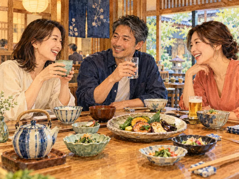 大人の友人三人が、お茶、水、小さなビールなど、それぞれの飲み物を選びながら落ち着いて食事を楽しむ様子。