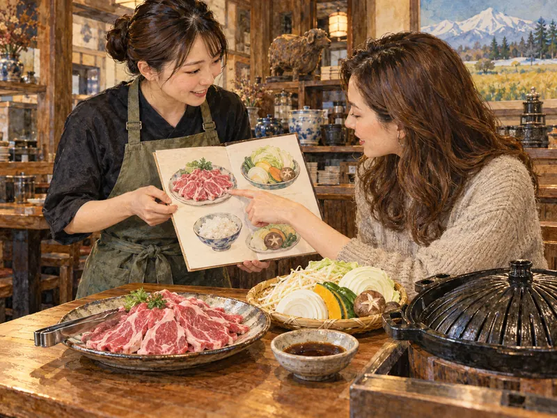 ジンギスカンの肉や野菜のメニューを店員と確認する来店客