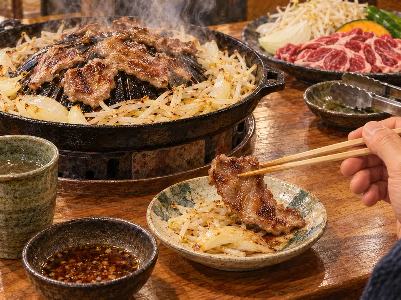 焼けた羊肉を取り皿から食べる箸と、離して置かれた調理用トング