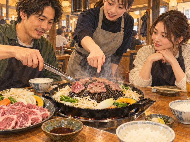 店員の説明を聞きながら卓上のジンギスカン鍋で調理する来店客