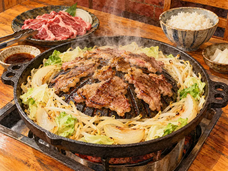 野菜と羊肉を焼くジンギスカン鍋とたれの器