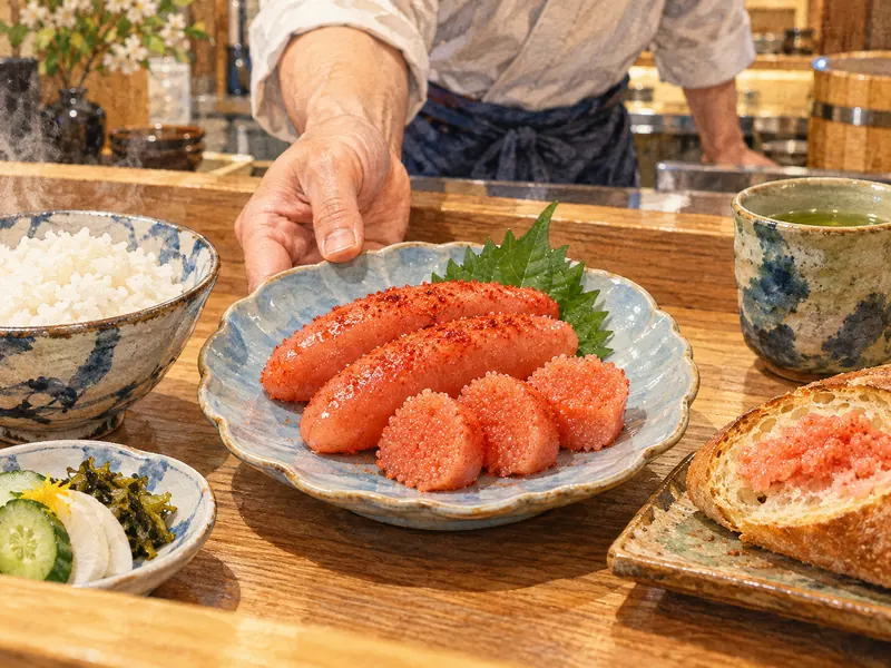 A meal with whole and sliced mentaiko, white rice and mentaiko bread.