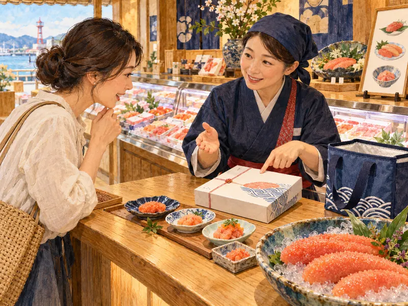 A visitor asks a server about mentaiko portions and chilled transport.