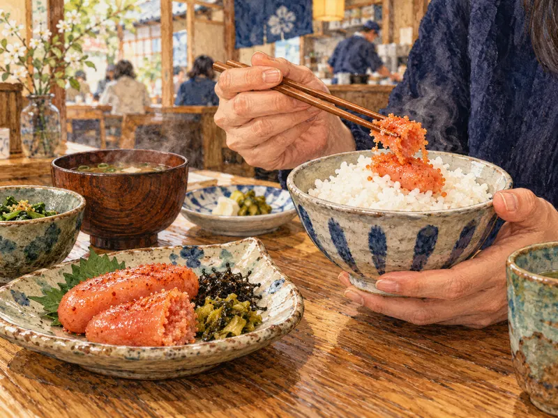 Hands placing a small portion of mentaiko on white rice.