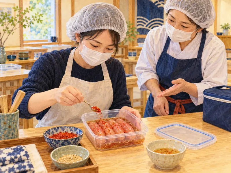 A participant in a hairnet and mask learns to season roe in a mentaiko workshop.