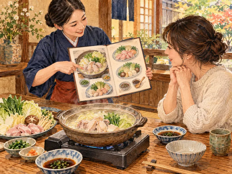 A diner checks a mizutaki course with the server using a picture menu.