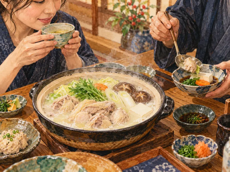 Diners taste broth from a small cup and transfer cooked food to separate dipping bowls.