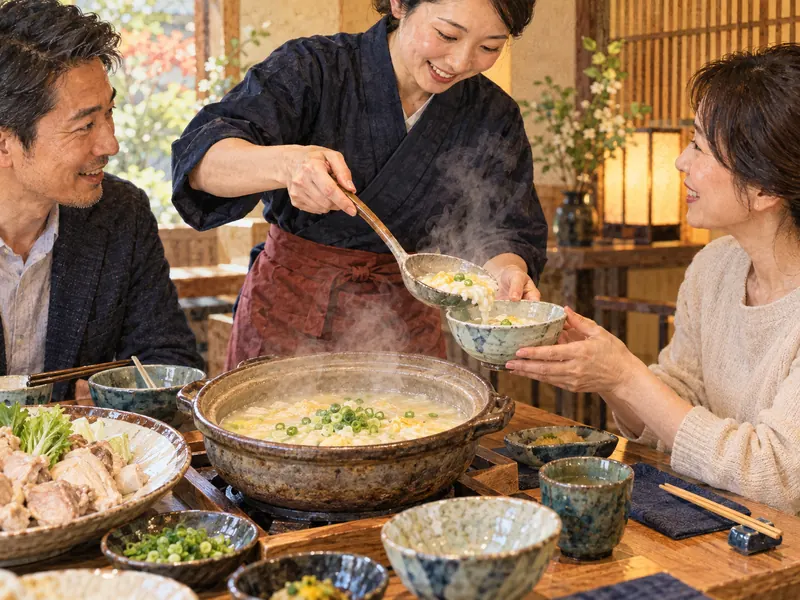 A server portions the rice porridge that finishes a mizutaki meal.