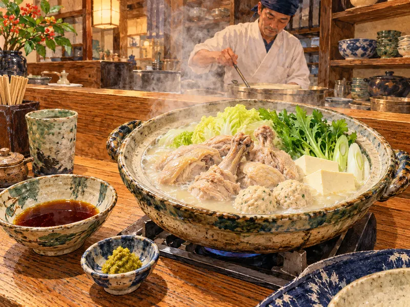 A chicken and vegetable mizutaki meal with ponzu and condiments.