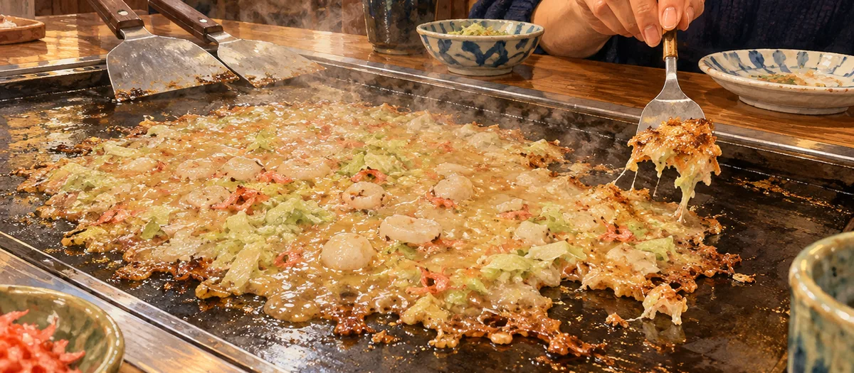東京・月島でもんじゃを楽しむの食事シーンのイラスト