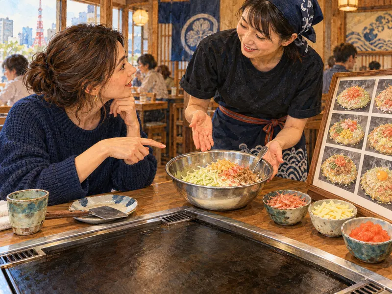 具の入ったもんじゃの器を前に店員へ相談する客