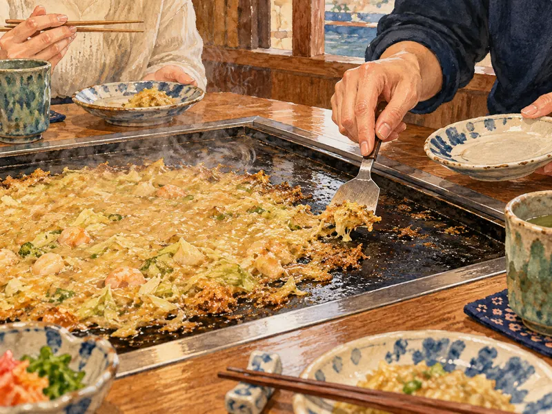 小さなヘラで焼けたもんじゃの端を取り、小皿で冷ませる食卓
