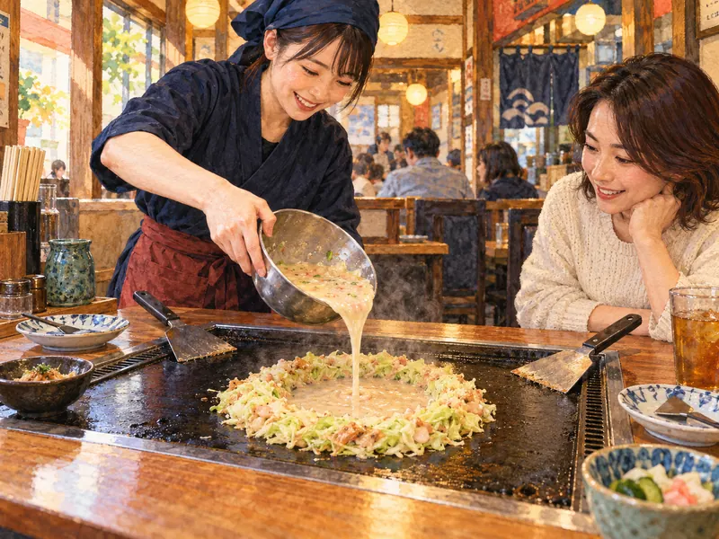店員がキャベツの土手の中心にもんじゃの生地を流す