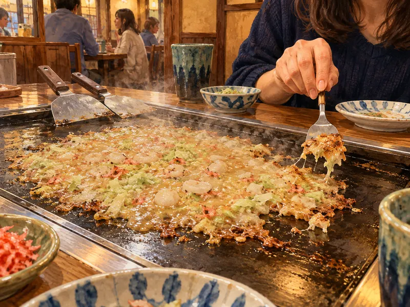 鉄板に薄く広がるもんじゃと香ばしく焼けた縁