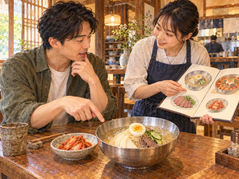 A diner checking reimen toppings and kimchi ingredients with restaurant staff