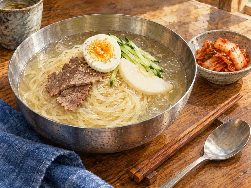 A metal bowl showing Morioka reimen’s noodles and toppings beside separate kimchi