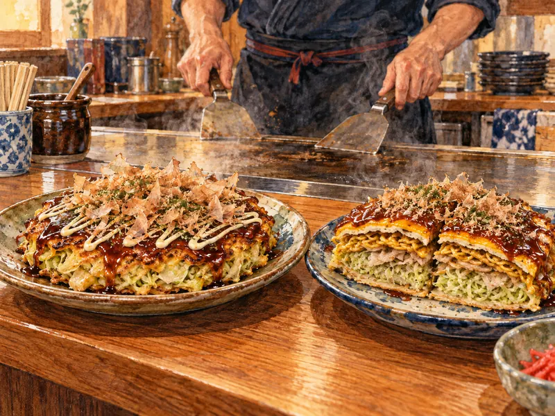 A mixed okonomiyaki and a layered version showing noodles and cabbage.