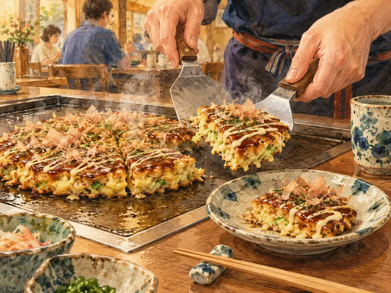 Hands cut cooked okonomiyaki and transfer a portion to a small plate.