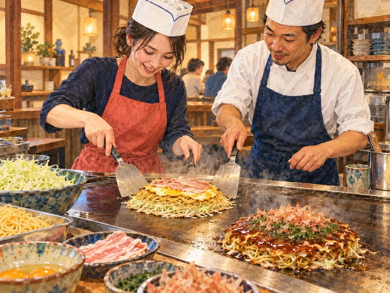 A learner and instructor prepare layered Hiroshima okonomiyaki on a griddle.