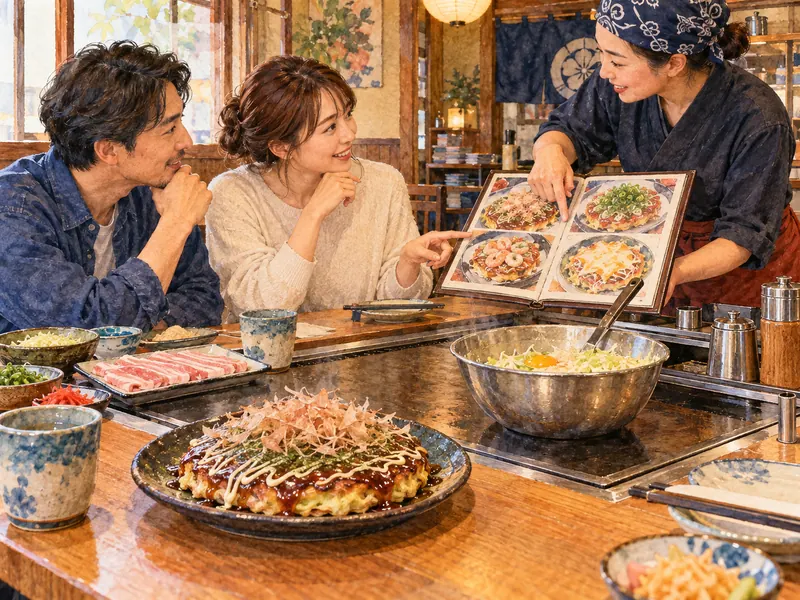 An okonomiyaki table where diners consult staff about batter and ingredients.
