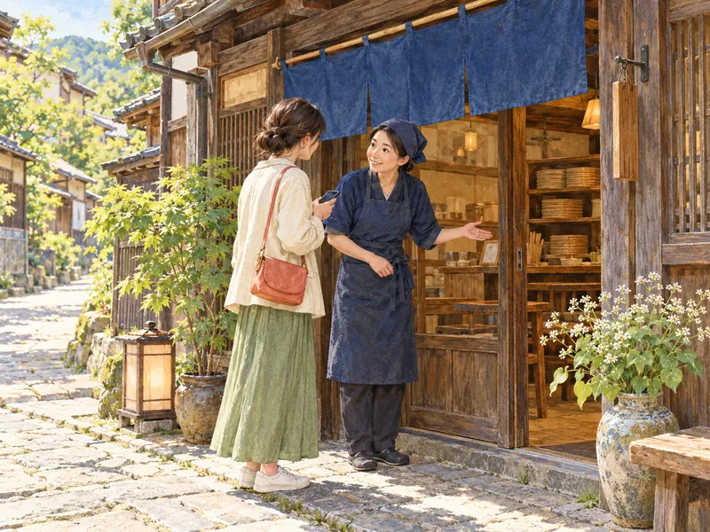 木造の蕎麦屋の入口で、旅行者が店員に当日の営業とそばの用意を確認する様子