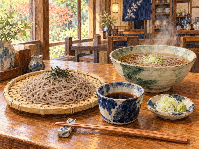 木の卓上に並ぶ冷たいせいろそばと、湯気が立つ温かいかけそば