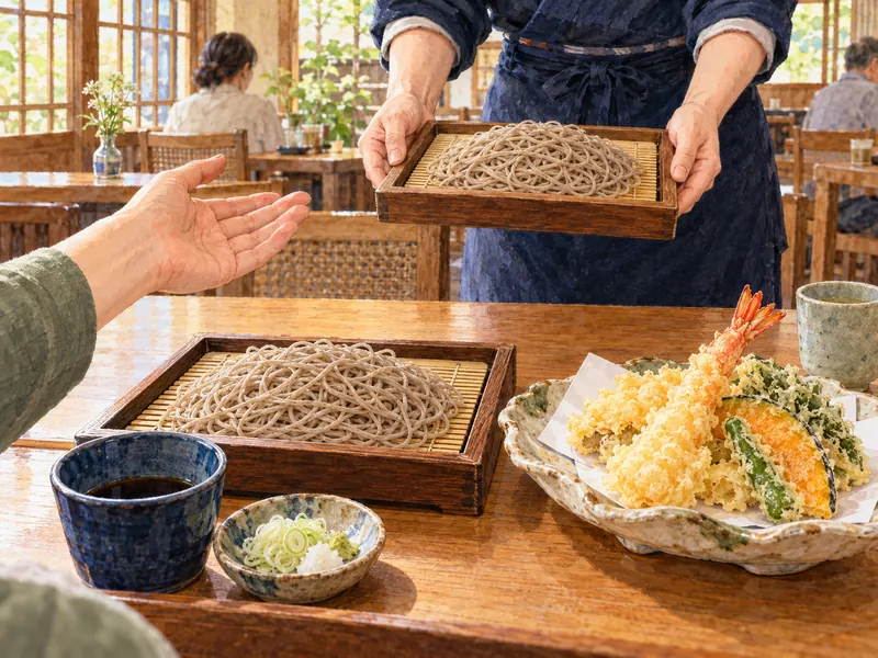 普通盛りのせいろそばと別皿の天ぷらを前に、追加のそばの量を店員と相談する様子