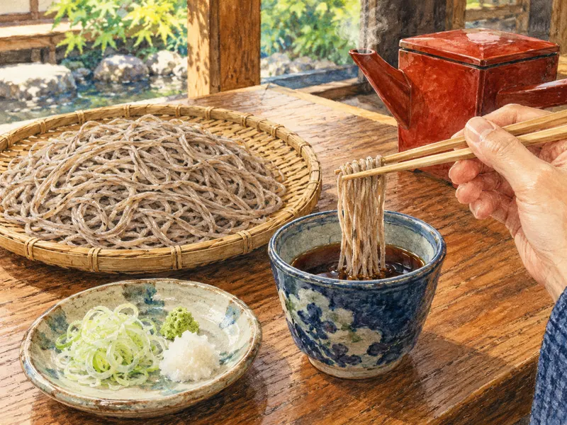 少量のそばを小さな深い器のつゆに付ける手元と、卓上に用意されたそば湯