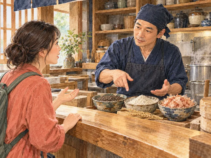 食べ始める前に、そば粉・小麦・だしの材料について料理人へ相談する旅行者