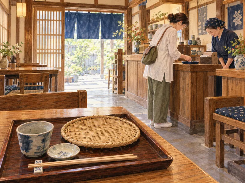食後の器を卓上に整え、蕎麦屋の会計で店員に軽く会釈する客