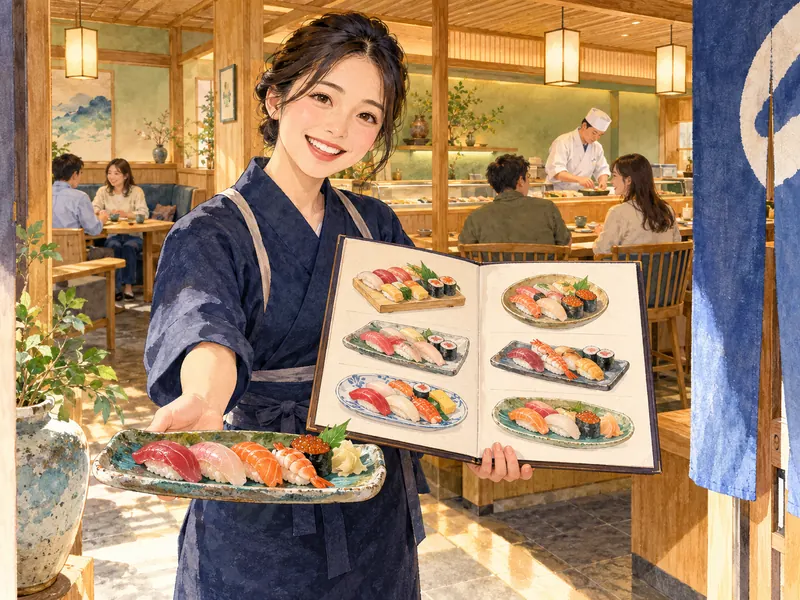 写真付きメニューを示す店員と、カウンター席・テーブル席のある寿司屋