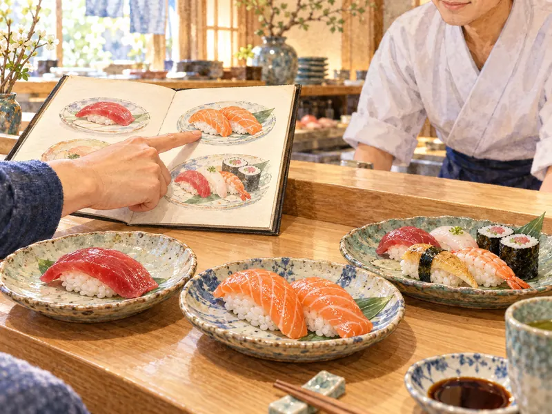 一貫のまぐろ、二貫のサーモン、セットの皿をメニューと見比べる様子