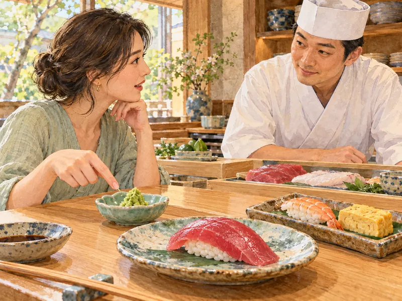 わさびや食材について、食べる前に寿司職人へ相談する客