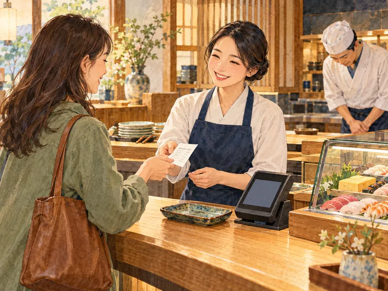 寿司屋の会計で伝票を確認し、店員とあいさつする客