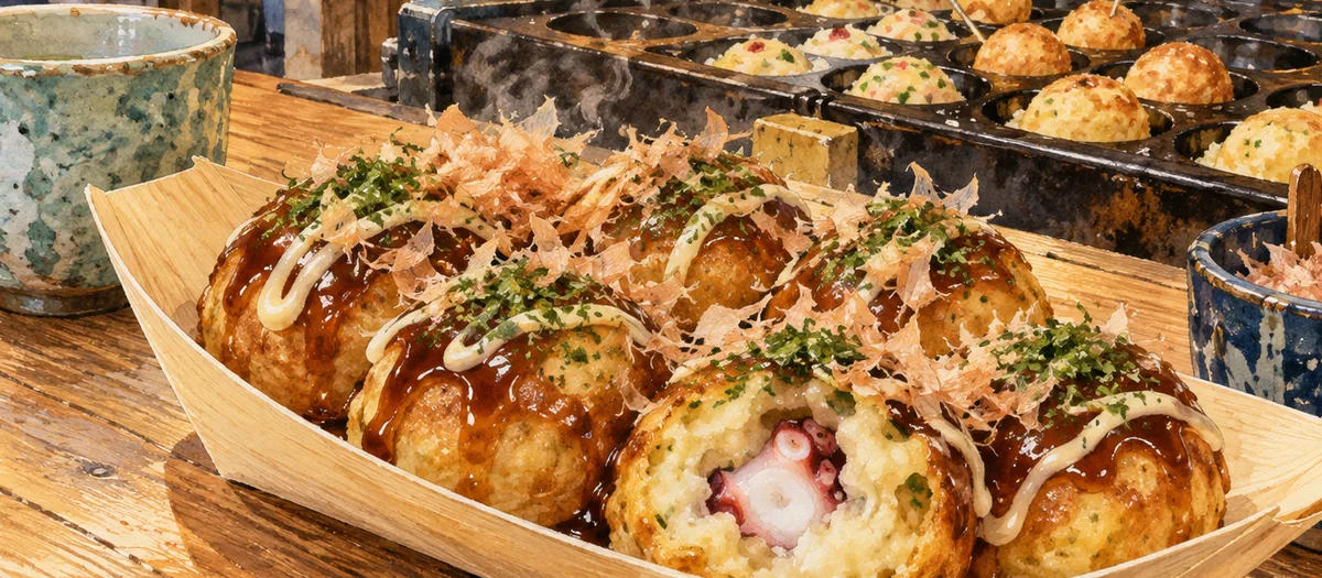 Enjoy takoyaki in Osaka — an illustrative dining scene