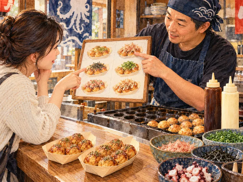A customer discusses takoyaki portions and toppings with the vendor.