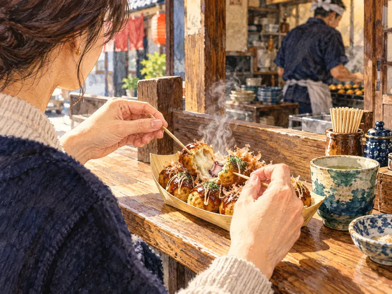 A diner opens a takoyaki ball at the shop’s eating counter and lets the steam escape.