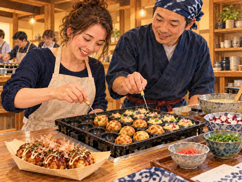A learner turns takoyaki in a round-well pan with an instructor’s guidance.