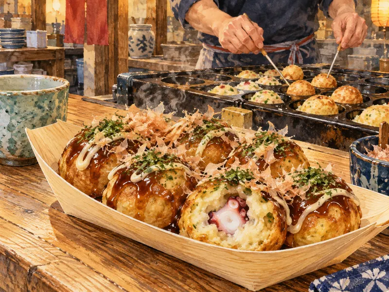 Takoyaki with sauce and bonito, including an opened piece showing its texture.