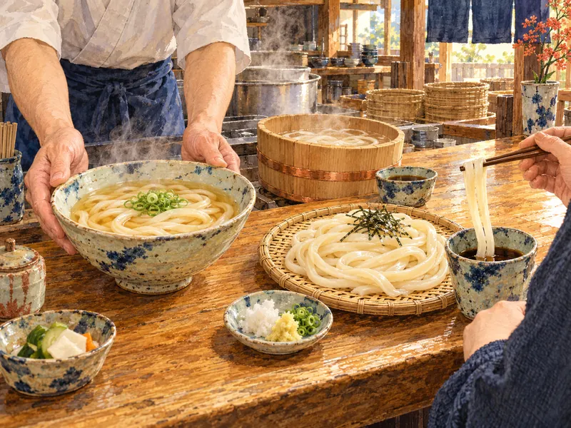 温かいかけうどんと釜揚げを用意する店員の前で、冷たいざるうどんを別のつゆにつける客
