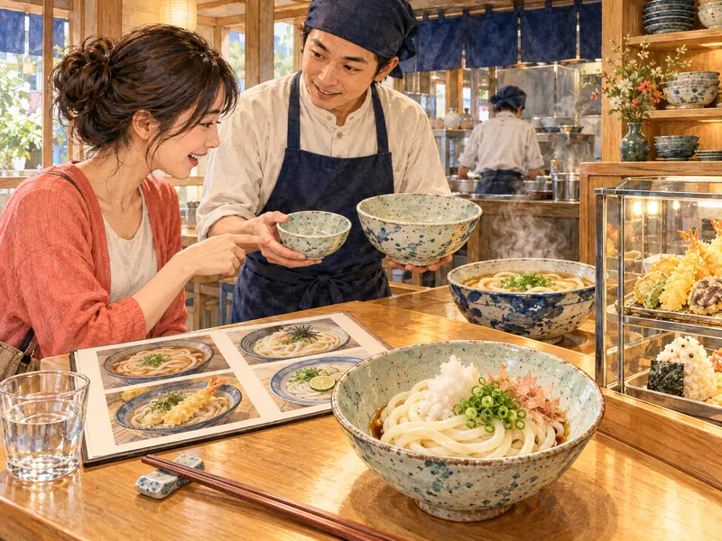 大小の器を見せる店員に、写真メニューを見ながら温度と量を相談する客