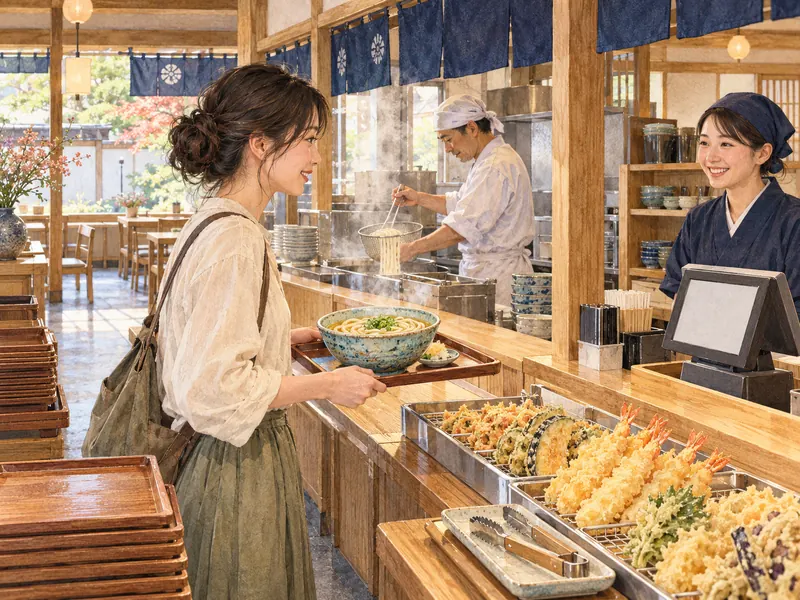 うどんの器を安定させたトレーを両手で持ち、天ぷらのカウンターから会計へ進む客