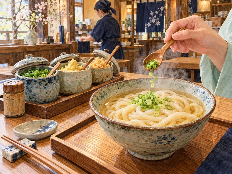 共用のスプーンを麺に触れさせず、温かいうどんにねぎを少量添える手元