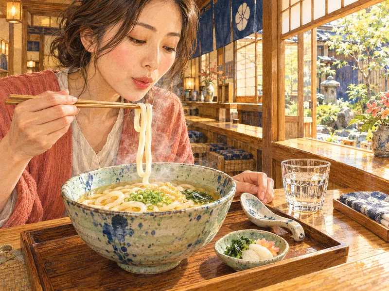 丼をトレーに置いたまま、少量の熱いうどんを箸で持ち上げて冷ます客