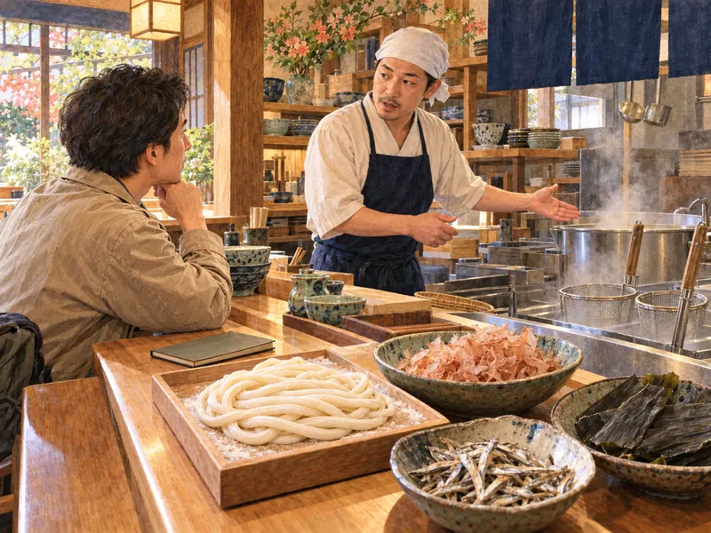 うどんの注文前に、だしの材料や厨房の調理器具について店員と相談する客